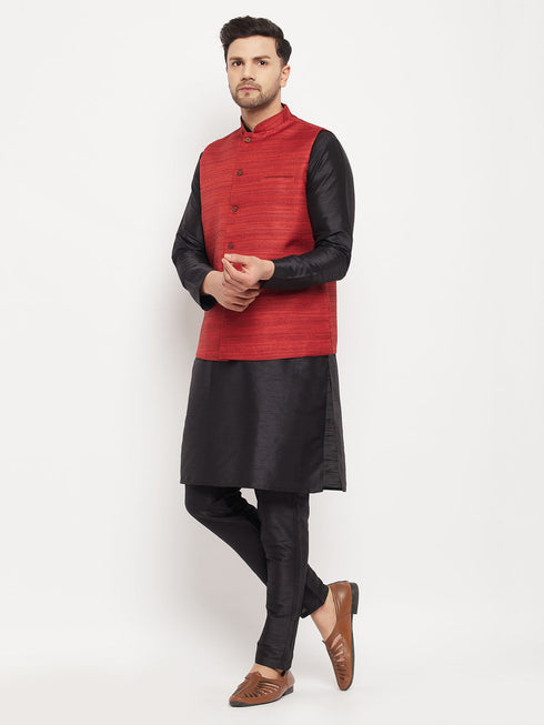 Vastramay Men's Maroon Matka Silk Nehru Jacket With Black Silk Blend Kurta and Pant style Pyjama Set